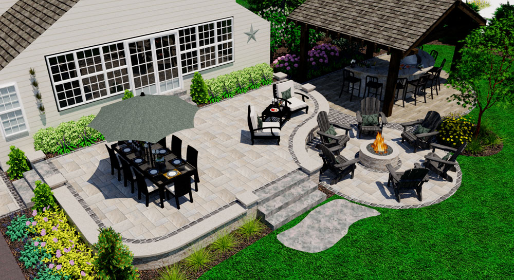 Landscape Rendering - Raised Patio with Fire Pit Design